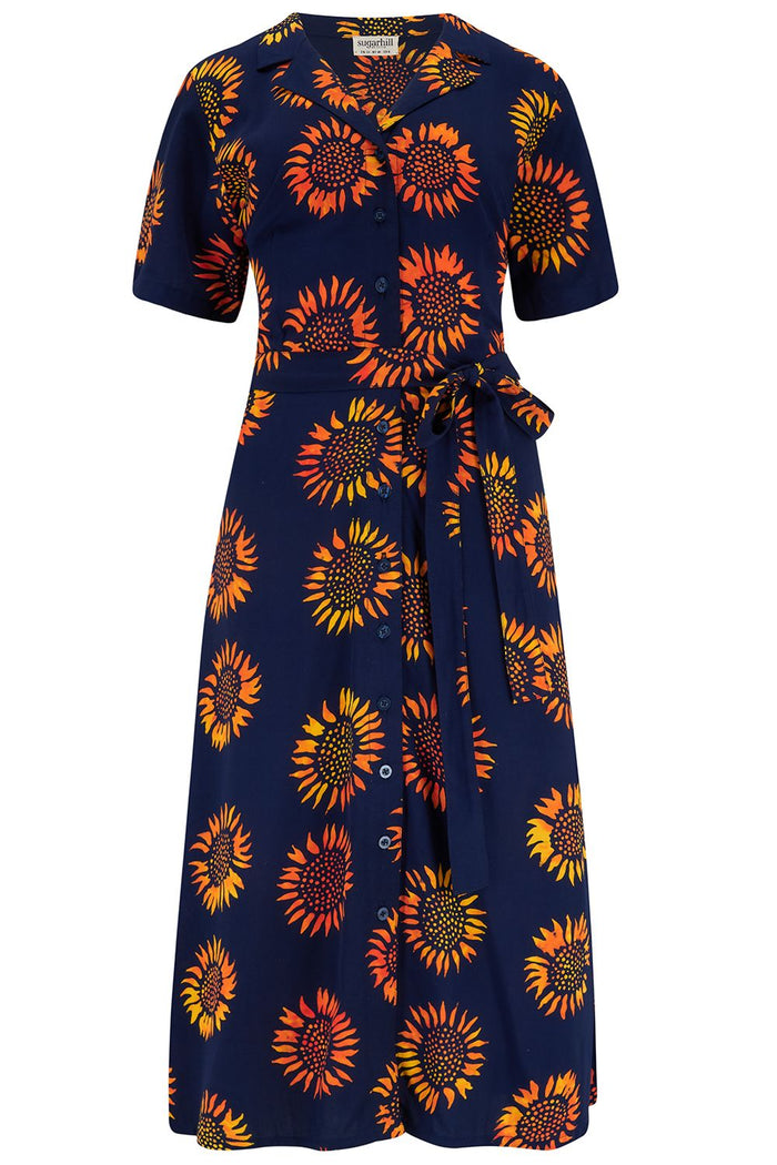Fiona Batik Midi Shirt Dress (Navy, Sunflowers)