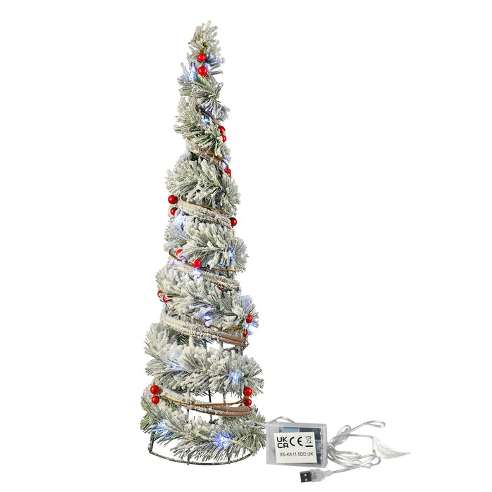 Cone shaped frame Christmas tree with snow flocked branches and red berries with battery pack and USB cable