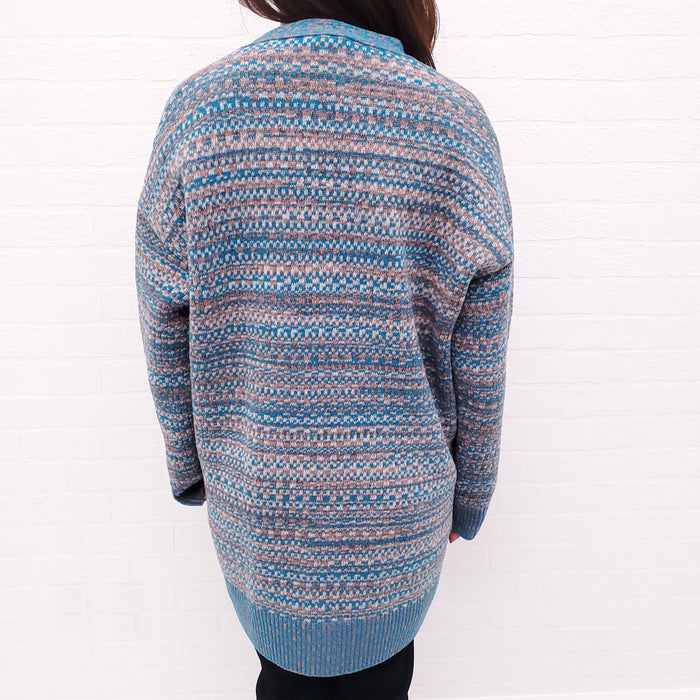 LOEWE BLUE AND PINK JACQUARD OVERSIZED LOGO CARDIGAN - SIZE XS