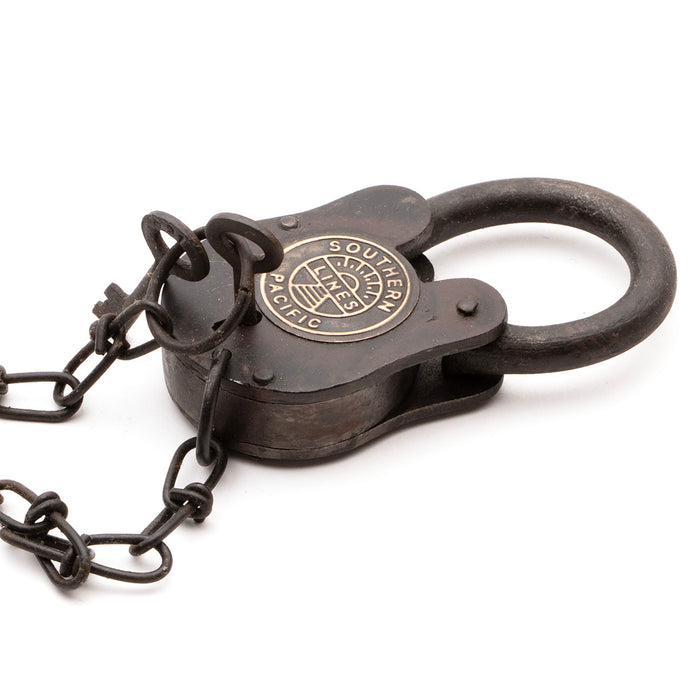 massive Southern Pacific Railroad Lock is iron with a has a rustic finish, fully functional, includes 2 keys