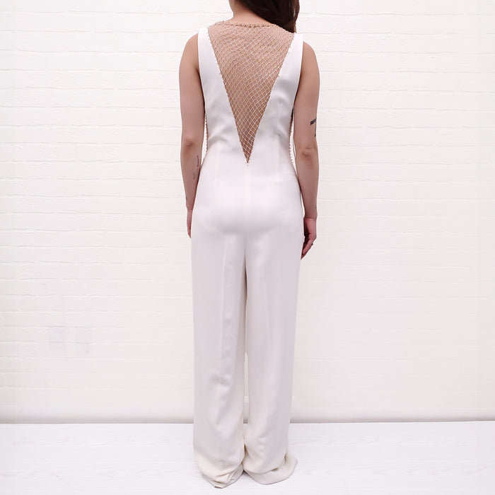 STELLA MCCARTNEY WHITE CRYSTAL MESH DEEP V JUMPSUIT - SIZE 38