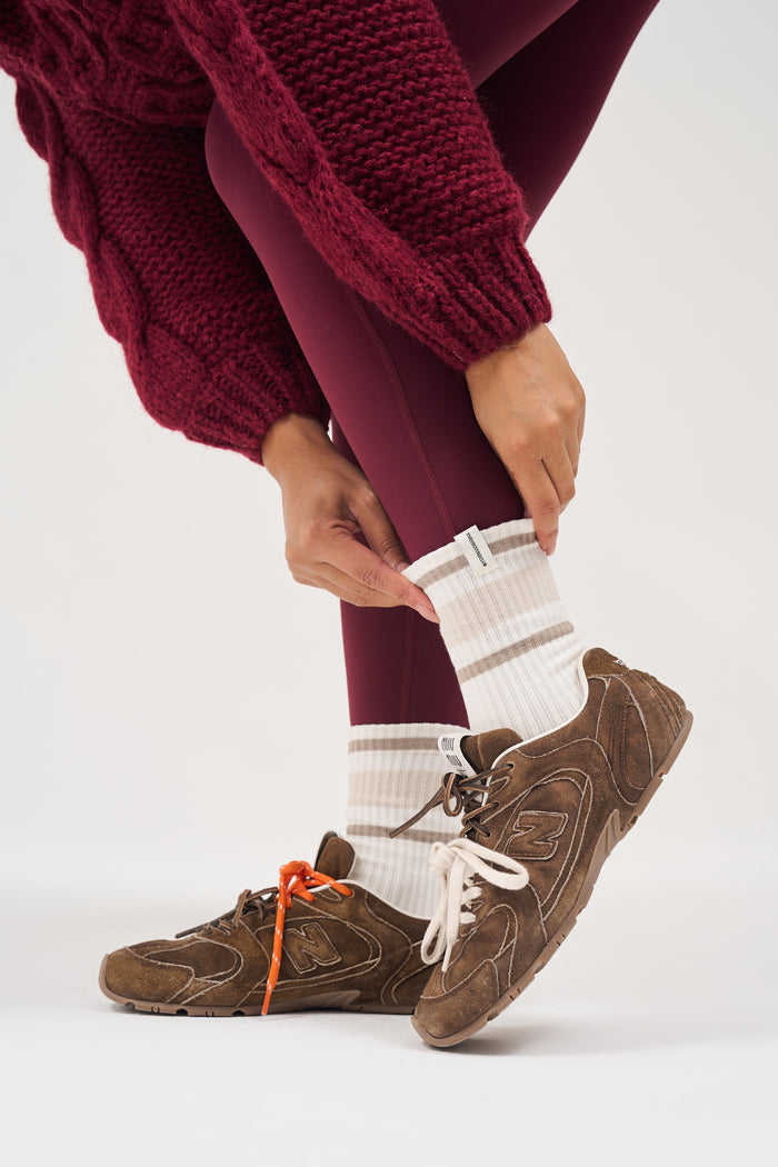 STRIPED BRANDED LABEL SOCK - BEIGE