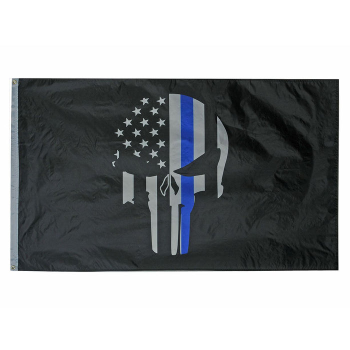 Dramatic skull shaped thin blue line flag is 100% polyester with 2 brass mounting grommets, measures 3’ x 5’