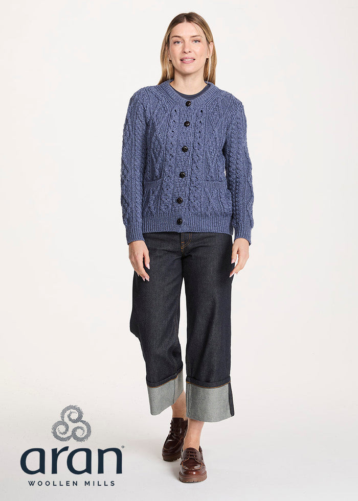 Women's Aran Cardigan in Denim Blue