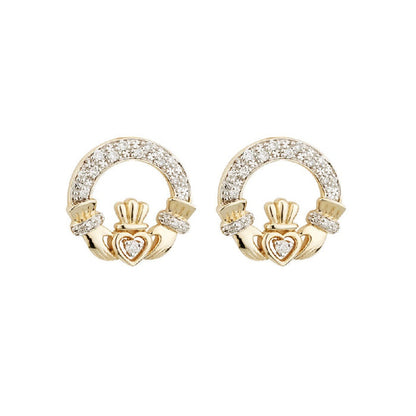 Solvar 14k Gold Diamond Celtic Claddagh Stud Earrings - Skellig Gift Store
