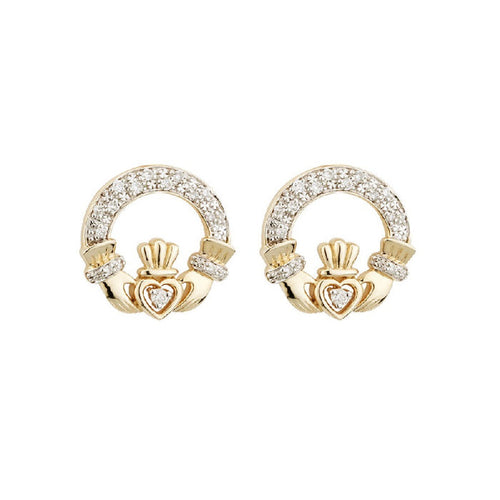 Solvar 14k Gold Diamond Celtic Claddagh Stud Earrings - Skellig Gift Store