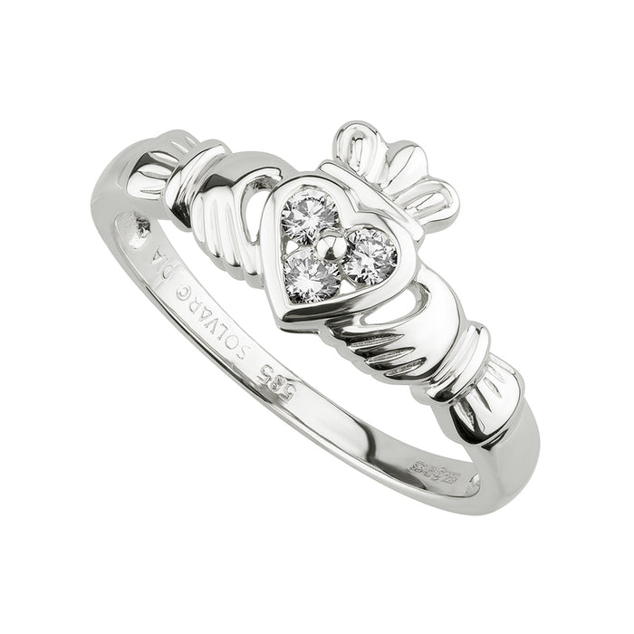 14K WHITE GOLD DIAMOND CLADDAGH HEART RING