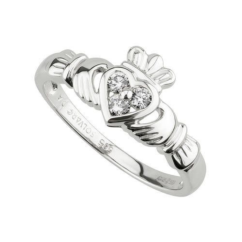 14K WHITE GOLD DIAMOND CLADDAGH HEART RING