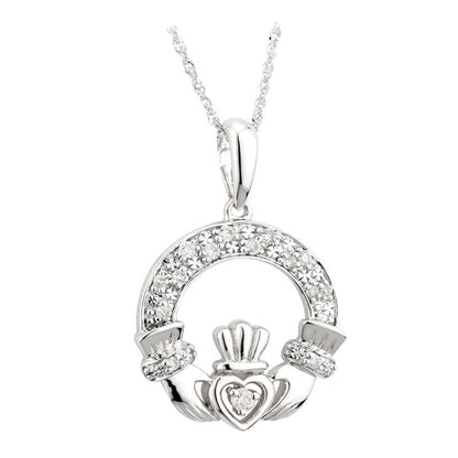 14K White Gold Diamond Claddagh Pendant