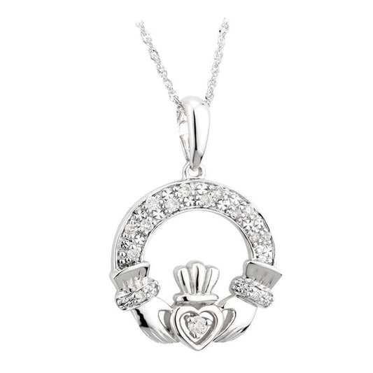 14K White Gold Diamond Claddagh Pendant