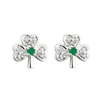 14K White Gold Diamond & Emerald Shamrock Stud Earrings