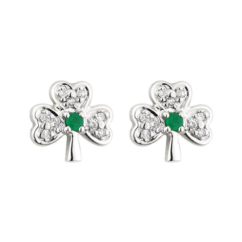14K White Gold Diamond & Emerald Shamrock Stud Earrings