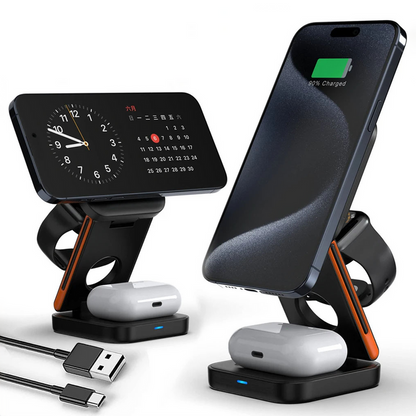 Multi-device charging stand with phone, clock, and AirPods on a white background
