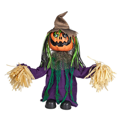 pumpkin scarecrow Halloween figure decoration with pointed hat and purple robe