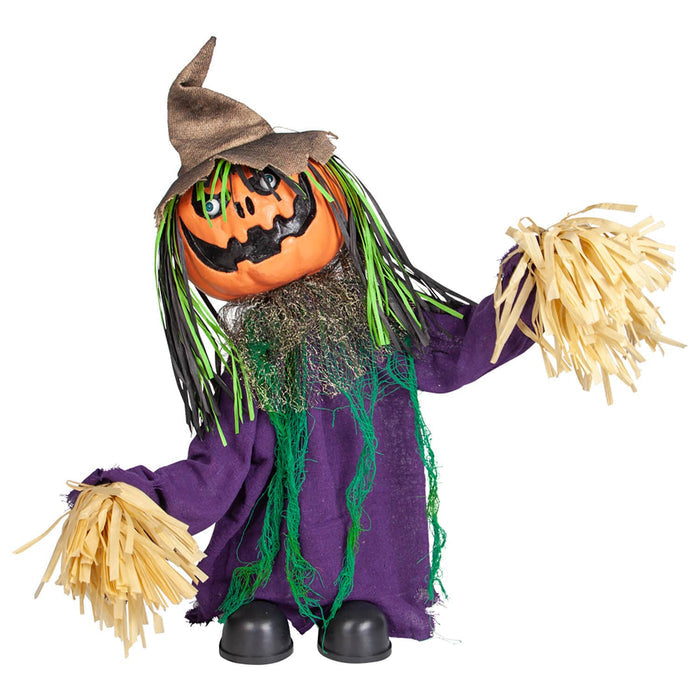 Scary pumpkin head scarecrow dancing figure with straw hands