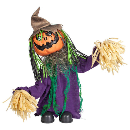 Scary pumpkin head scarecrow dancing figure with straw hands