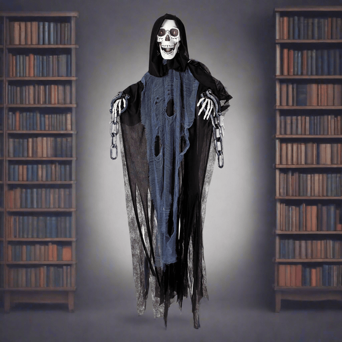 Ghostly figure with a blue scarf standing between two bookshelves in a dimly lit room.