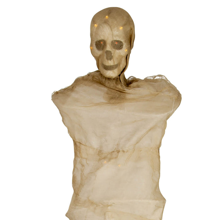 Close up of turned round egyptian mummy with red eyes and white LED lights