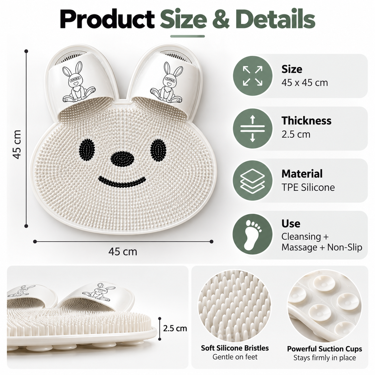 Bunny Shape Shower Foot Scrubber Mat | Non-Slip Suction Cup Foot Massager Mat for Shower Deep Foot Clean