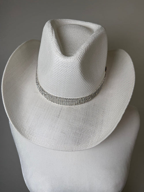 Ivory structured cowboy hat with rhinestone embellishment along the brim for a polished western glam look.