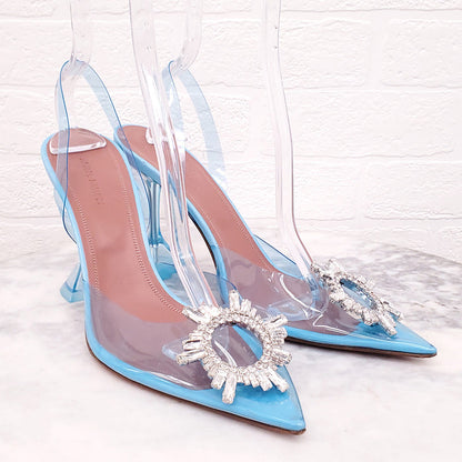 AMINA MUADDI BLUE PVC HEELS WITH CRYSTAL EMBLEM - SIZE 41