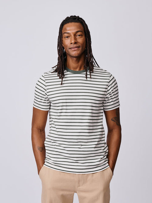 Aubin Khaki/Ecru Stripe Ancaster Striped Organic Cotton T-Shirt | T-Shirt