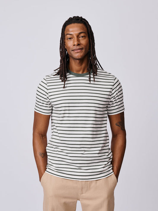 Aubin Khaki/Ecru Stripe Ancaster Striped Organic Cotton T-Shirt | T-Shirt