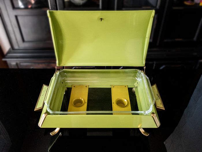 MCM Anchor Hocking Chafing Dish Buffet Stand Green And Gold Retro