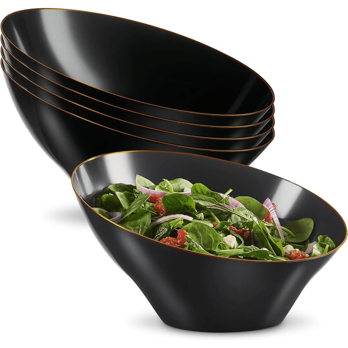 Angled Plastic Serving Bowls - Black/Gold Rim - 4 pack - Wichita Home Outlet