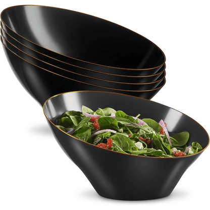 Angled Plastic Serving Bowls - Black/Gold Rim - 4 pack - Wichita Home Outlet