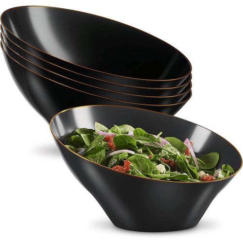 Angled Plastic Serving Bowls - Black/Gold Rim - 4 pack - Wichita Home Outlet