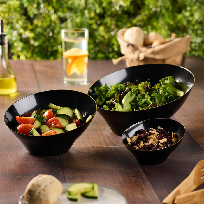 Angled Plastic Serving Bowls - Black/Gold Rim - 4 pack - Wichita Home Outlet