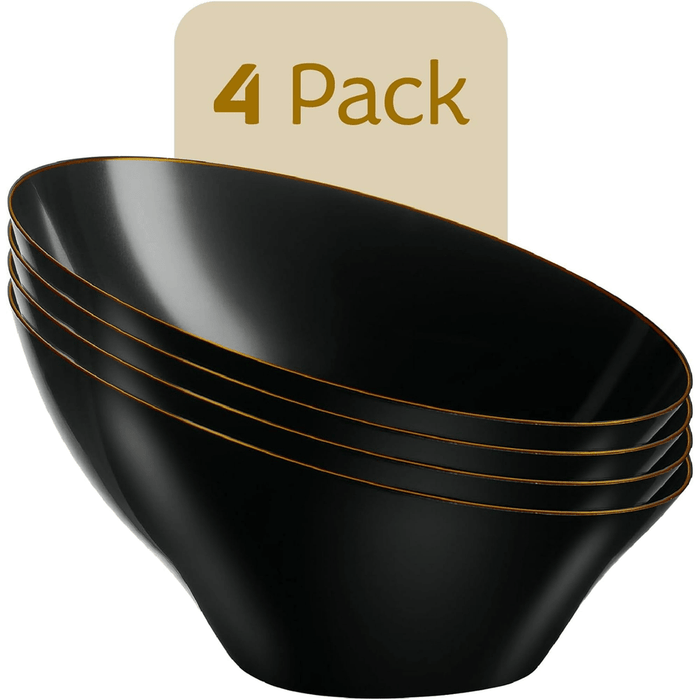 Angled Plastic Serving Bowls - Black/Gold Rim - 4 pack - Wichita Home Outlet
