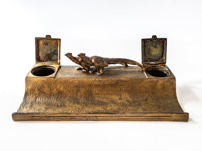 Antique Bronze Tone Pheasant Inkwell With Pheasant Birds Double Inkwell