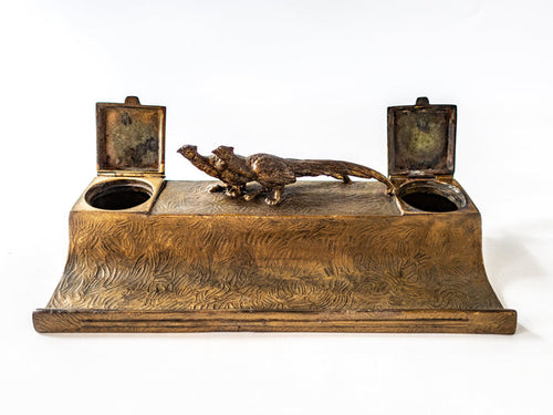 Antique Bronze Tone Pheasant Inkwell With Pheasant Birds Double Inkwell