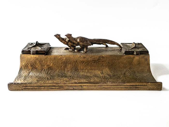 Antique Bronze Tone Pheasant Inkwell With Pheasant Birds Double Inkwell