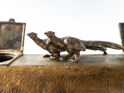 Antique Bronze Tone Pheasant Inkwell With Pheasant Birds Double Inkwell