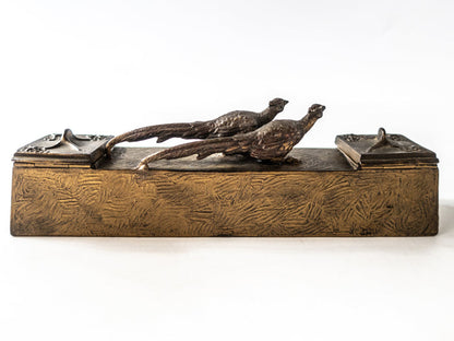 Antique Bronze Tone Pheasant Inkwell With Pheasant Birds Double Inkwell