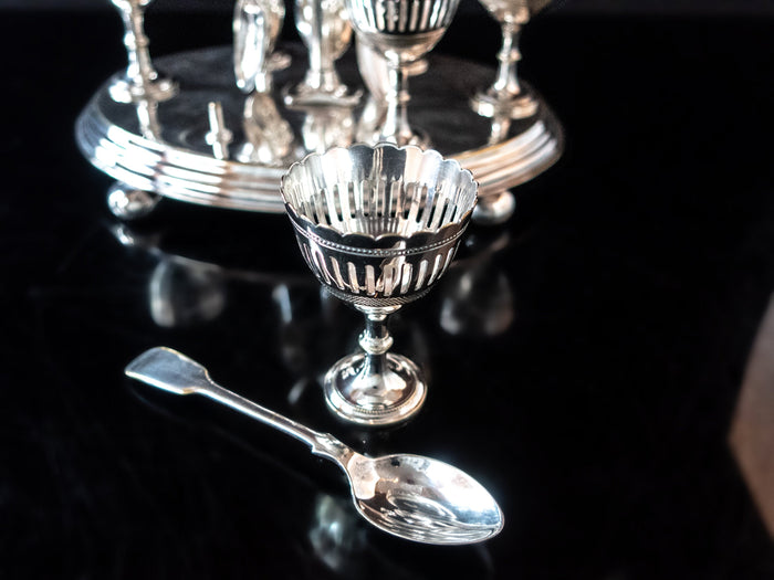 Antique Silver Plate Egg Cup And Spoon Caddy Sheffield England Circa Late 1800s Silver And Silverplate