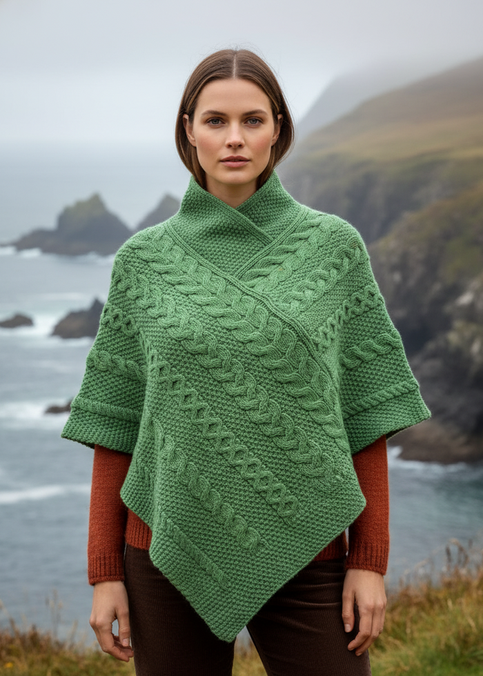 Aran Crafts Green Merino Wool Poncho | Traditional Irish Cable Knit