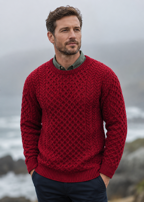 Aran Crew Neck Merino Sweater - Cherry Red | Irish Knitwear
