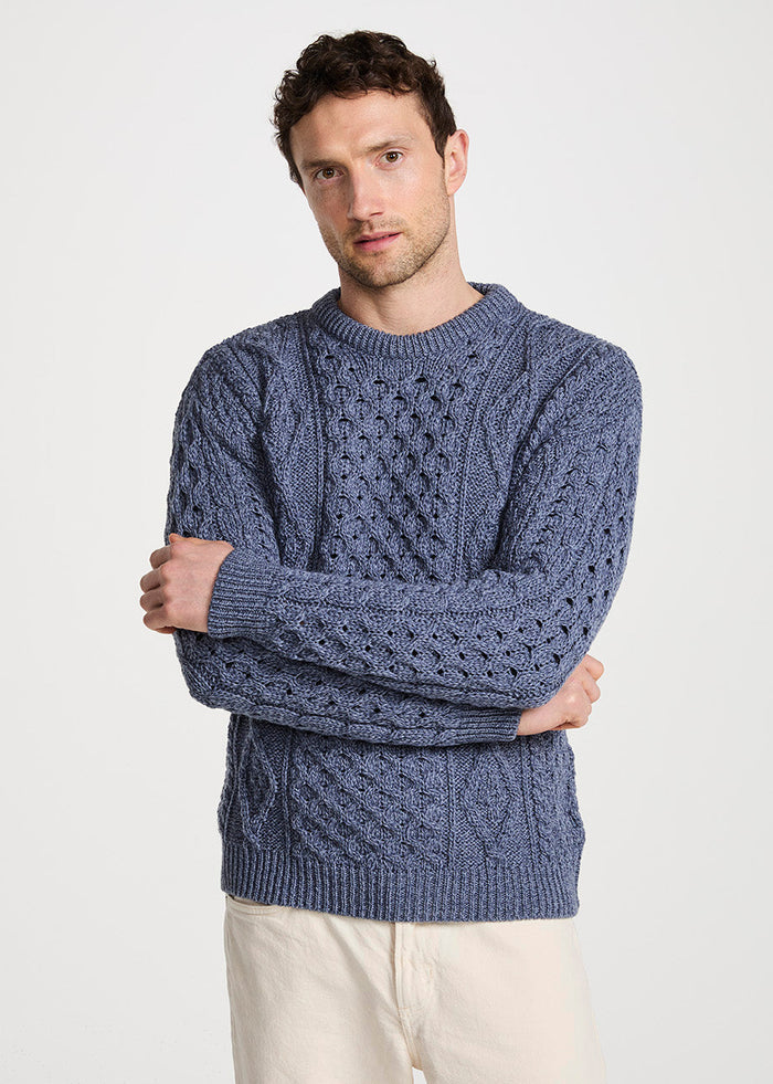 Aran Worsted Wool Sweater - Traditional Irish Cable Knit | Denim Blue