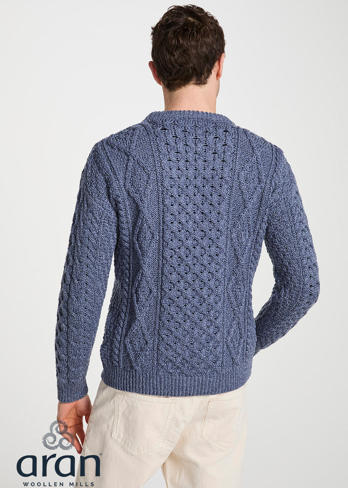 Aran Worsted Wool Sweater - Traditional Irish Cable Knit | Denim Blue