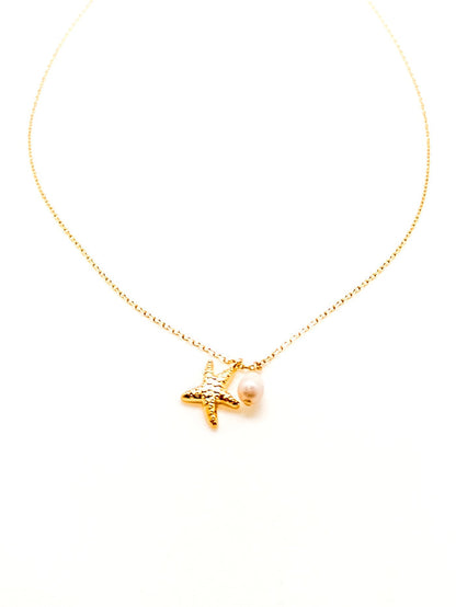 Ariel Starfish and Pearl Necklace in Gold
