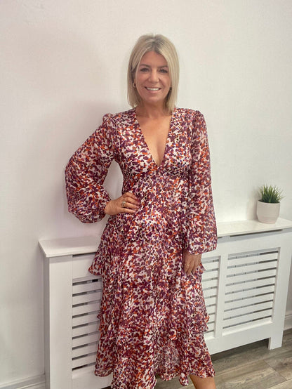 ASHTON RUFFLE MIDI DRESS (CORAL ABSTRACT) CURVE