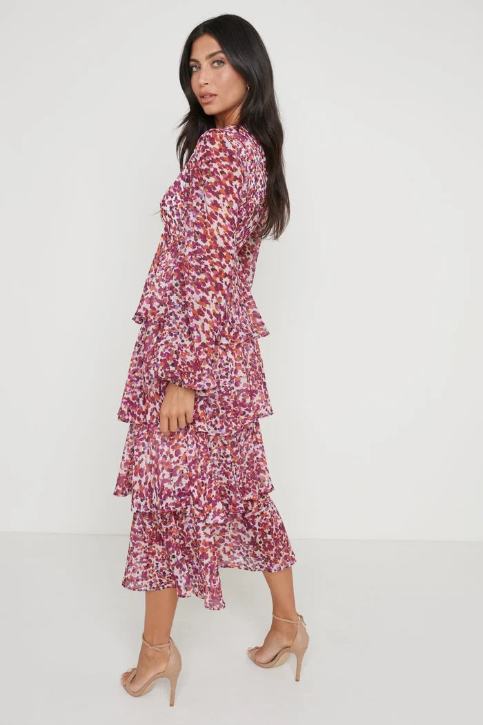 ASHTON RUFFLE MIDI DRESS (CORAL ABSTRACT) CURVE