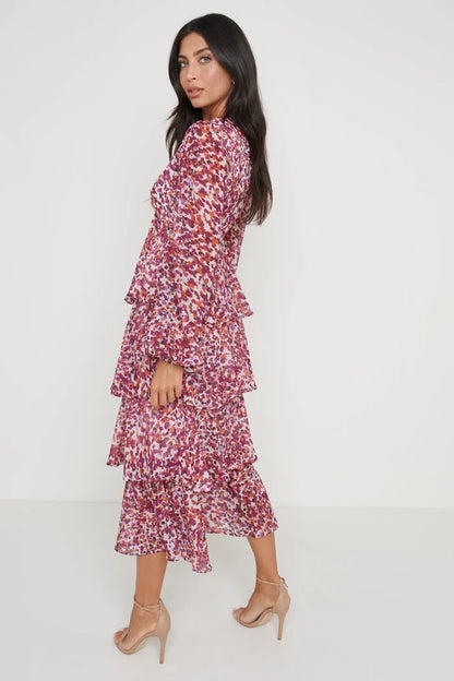ASHTON RUFFLE MIDI DRESS (CORAL ABSTRACT) CURVE