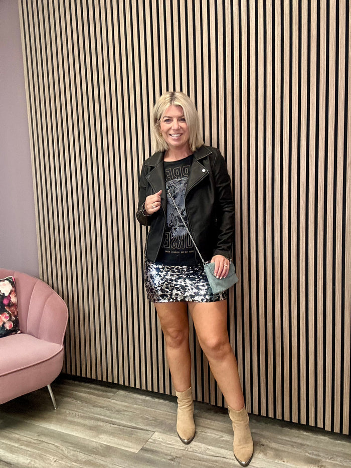 Audrina Sequin Mini Skirt (Black/Silver)