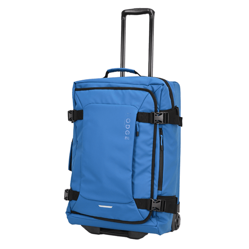 aventura blue suitcase with telescopic handle, rubber zip pulls, front pockets and buckles for security