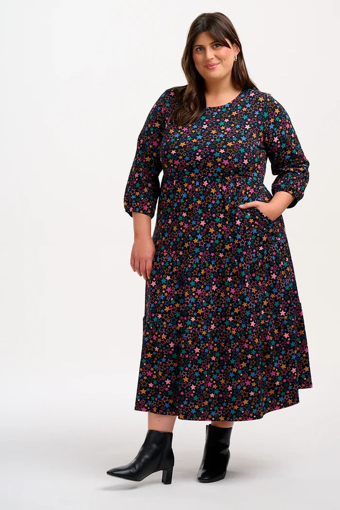 Bakari Jersey Tiered Midi Dress (Black Star Cluster)